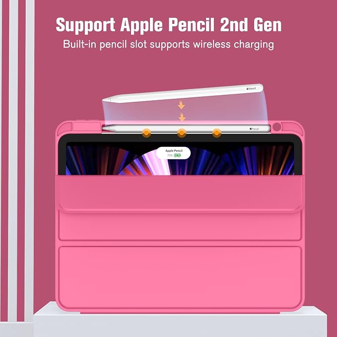 New iPad Pro 11 Inch Case 2022(4th Gen)/2021(3rd Gen)/2020(2nd Gen) with Pencil HolderSmart iPad Case [Support Touch ID and Auto Wake/Sleep] with Auto 2nd Gen Pencil Charging (Deep Pink)