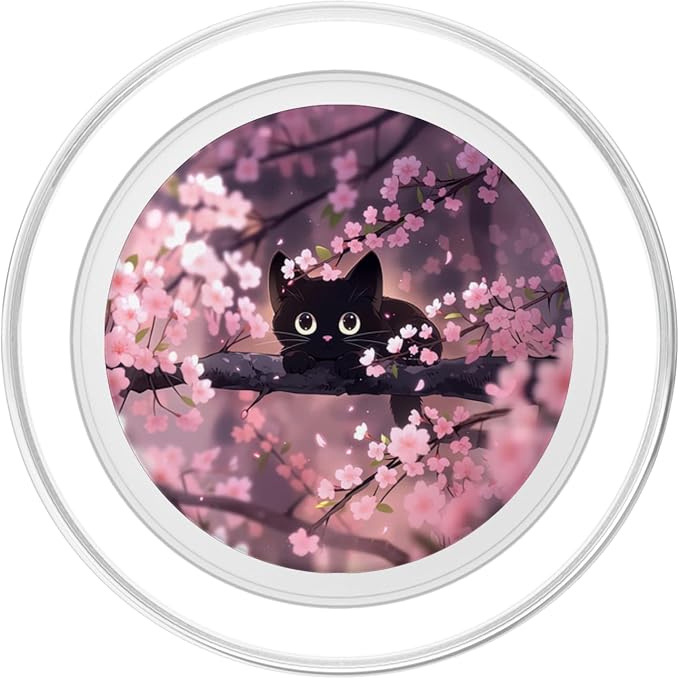 Cute Black Kitten Cat Cherry Blossom Meow Kawaii Anime Cat PopSockets PopGrip for MagSafe