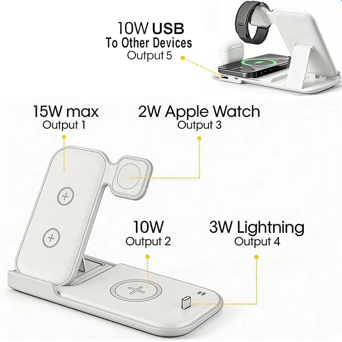 5 in 1 Wireless Charging Station for Multiple Devices Premium Fast Charging Stand for Apple Samsung Android Dual Phone Dock with USB Port for Desk Nightstand