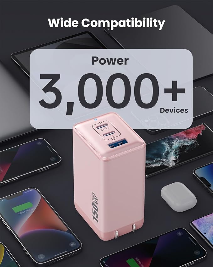 150W USB C Charger BlockGaN III Compact Foldable Wall Charger 3 Port Fast Charging StationPD QC PPS Portable USB C Hub 100W Laptop Adapter for MacBook Pro/AiriPadiPhone 17/ProGalaxy S24Dell etc