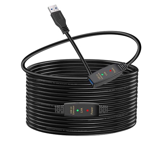 100ft Active USB 3.0 Extension Cable Male to Female USB Extender with 3 Signal Boosters SuperSpeed 5Gbps Data Cord (Micro USB Power Cable Included) for Webcams Printers VR Security Cameras