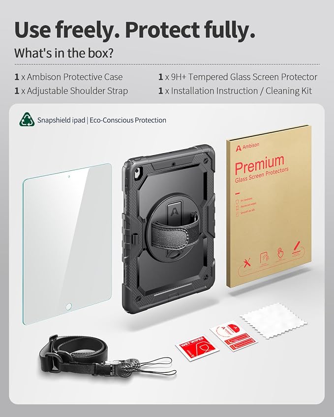 Ambison Case for iPad (A16) 11th/10th Generation 11''/10.9'' Black | Hand Strap 9H Tempered Glass Screen Protector Rotating Stand Shoulder Strap Heavy Duty Shockproof Pencil Holder
