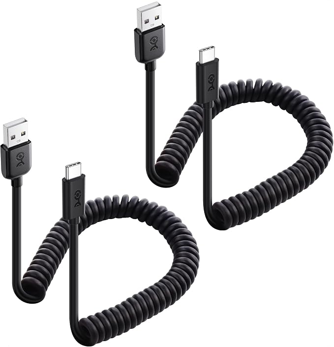 Cable Matters 2-Pack USB to USB C Coiled Cable 3A/15W 1-4ft | Supports Apple CarPlay and Android Auto for iPhone 17/16 Galaxy S23 iPad Coiled USB A to USB C Cable