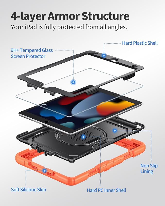 Ambison Case for iPad (A16) 11th/10th Generation 11''/10.9'' Black | Hand Strap 9H Tempered Glass Screen Protector Rotating Stand Shoulder Strap Heavy Duty Shockproof Pencil Holder