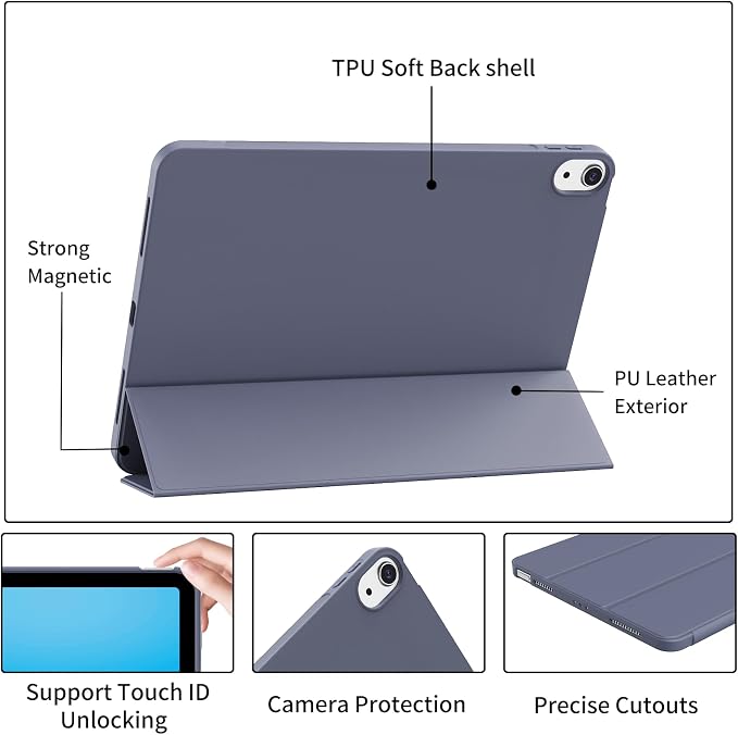 Case for iPad Air 11 Inch M4/M3/M2 iPad Air 5th/4th Gen 10.9 Inch | Soft TPU Back Shell &amp Slim Trifold Stand Cover without Pencil Holder Support Pencil Charging Auto Wake/Sleep Black
