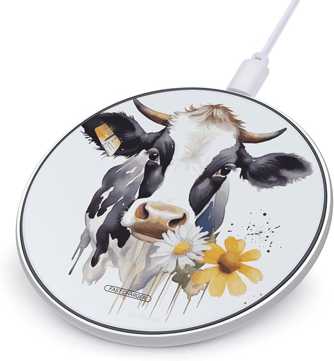 Watercolor Cow and Daisy Flower Wireless Charger 10W Fast Charging Pad Anti-Slip Qi Certified Wireless Charging Pad Charging Station Portable Phone Charger for All Wireless Charging Smartphone