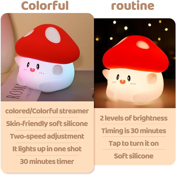Rytinazzz Mushroom Night Light, Color Changing & 50-Hour Battery, Squishy Lamp with Pat Control for Kids Room Decor, USB Rechargeable, Valentines Gifts