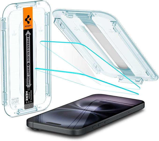 Spigen GlasTR EZ FIT Screen Protector for iPhone 16/15 | 9H+ tempered glass Scratch resistance auto-align tray Lab-tested 100% clarity Original touch Case-friendly 2 Pack