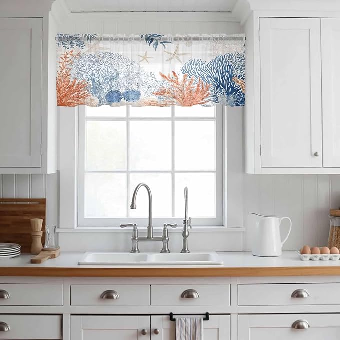 Ocean Corals Sheer Valance Curtains, Summer Beach Coral Sea Stars Light