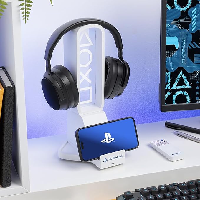 Paladone PlayStation 3-in-1 Headphone Stand and Tech Charging Station with Console Controller Cradle and 2 USB-C Ports RGB Colour Changing Light Panel Officially Licensed Gift for Gamers