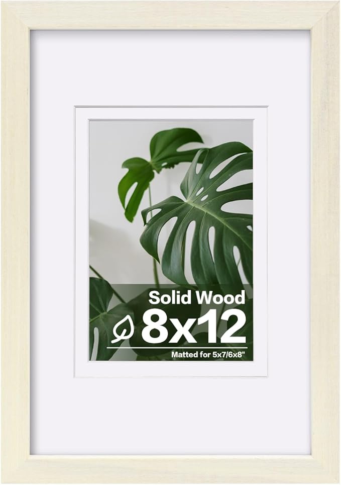 Egofine 8x12 Picture Frame Made of Solid Wood with Plexiglass, Display Pictures 5x7/6x8 with Mat or 8x12 Without Mat for Tabletop and Wall Mounting, Beige