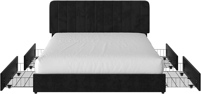 VECELO King Size Upholstered Bed Frame with 4 Drawers and Headboard, Velvet Platform Storage Bedframe, Wooden Slats Support, No Box Spring Needed,Black