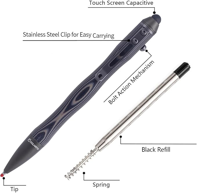 5.7'' G10 EDC Bolt Action Pen Touch Screen Stylus Model 5375-N | Refillable ballpoint ink G10 body with pocket clip ergonomic grip comes with a free refill