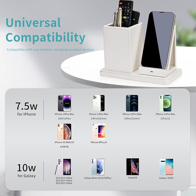 Wireless Charger with Desk Organizer Wireless Charging Station for iPhone 13/13 Pro Max/13 Pro/12 Series/11/XS Max/XR/X/8Plus/SE 2 Wireless Charging Stand with Leather… (Black)