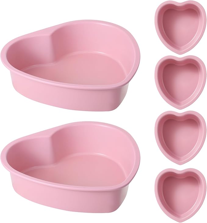 AVSQUINE 7 & 4 Inch Heart Shaped Cake Pans Set of 6, Pink Carbon Steel Baking Pans Set, Nonstick Heart Cake Mold for Baking, Small Cake Pans, Bakeware Sets for Valentine's Day Wedding