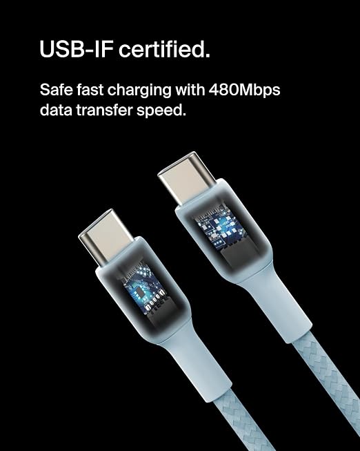Belkin USB C to USB C Braided Cable 3.3ft iPhone Charger Cord | tangle-free braided cord iPhone 17/16 Samsung Galaxy S25 Pixel 9 MacBook iPad Pro Nintendo Switch 2 travel essential