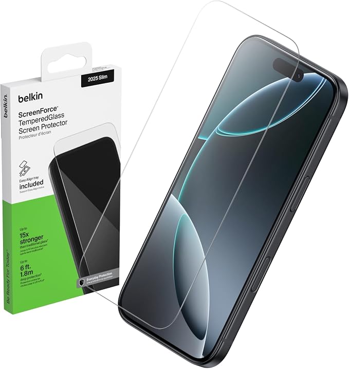 Belkin ScreenForce UltraGlass 2 Screen Protector for iPhone Air 25X Stronger Glass Scratch-Resistant &amp Impact Protection Easy Align Tray for Bubble-Free Application Made with Recycled Glass