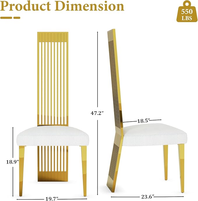Modern Glod Dining Chairs Set of 2, Upholstered High Back Dining Chairs with Polished Stainless Steel Backrest and Legs, Luxury Dining Room Chairs for Kitchen Living Room Restaurant