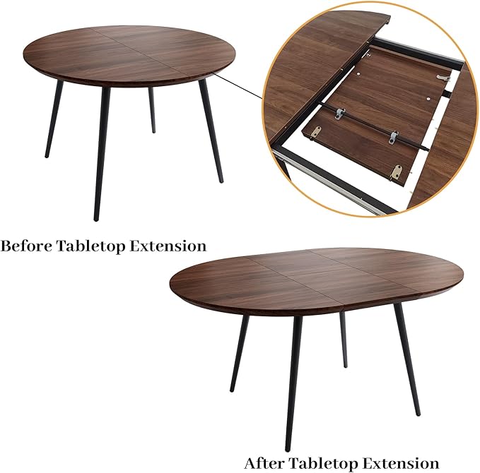 43.3"-59.1" Extendable Round Dining Table Set of 4, Mid Century Wooden Round Kitchen Table, Coffee Table for 4-6 Person, 4 Gray PU Leather Chair