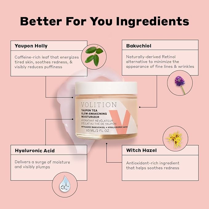 Volition Beauty Yaupon Tea Glow-Awakening Moisturizer with Bakuchiol + Hyaluronic Acid | Caffeinated Facial Cream Energizes Tired Skin | Natural Retinol Alternative Reduces Look of Wrinkles (2 fl oz)
