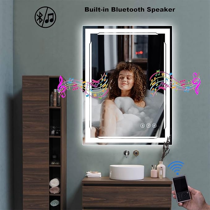 24''X32'' LED Bathroom Mirror with Lights, Built-in Bluetooth Speaker, Anti-Fog Dimmable 3 Lights Setting Backlit + Front Lit, Lighted Vanity Makeup Wall Mirrors, Shatter-Proof IP65 Waterproof