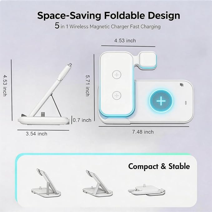 5 in 1 Wireless Charging Station for Multiple Devices Premium Fast Charging Stand for Apple Samsung Android Dual Phone Dock with USB Port for Desk Nightstand