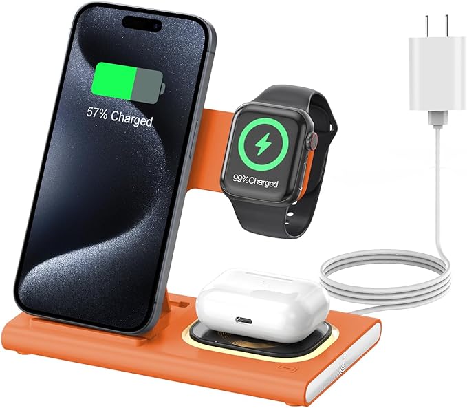 3 in 1 Foldable Wireless Fast Charging Station for Apple Multiple Devices | iPhone Charging Station for iPhone 17 Travel iWatch Charger Stand Light Nightstand Charging Dock for Apple Watch/Airpods