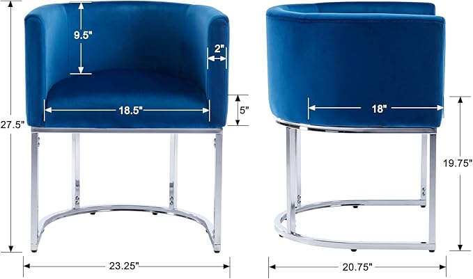 Velvet Dining Chairs Set of 8 Modern Barrel Arm Chairs with Chrome Metal Frame, Upholstered Kitchen Chairs 18.5" Wide Accent Chairs for Living Room Dining Room Restaurant, Blue