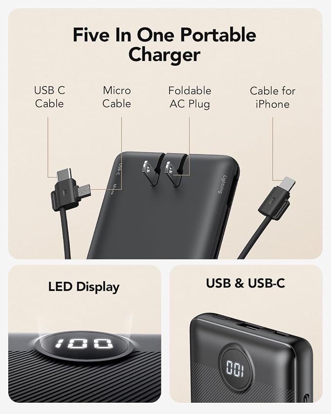 VRURC Portable Charger Power Bank Built-in Cables and AC Wall Plug | USB C Portable Bank 10000mAhTravel Essentials Phone Charger Compact External Battery Pack for Smart PhonesTablets-Black