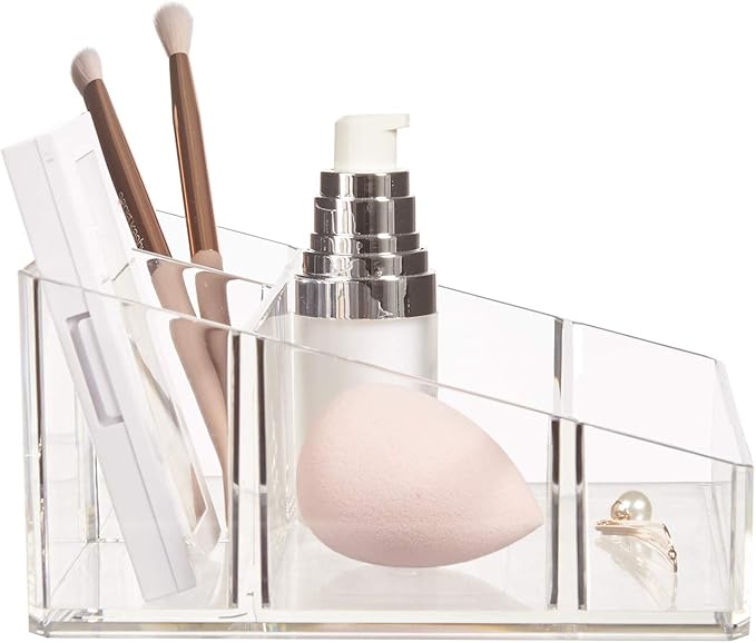 STORi Clear Plastic Small Countertop Vanity Makeup Organizer, Compact Rectangular 4-Compartment Holder for Brushes, Eyeshadow Palettes, & Beauty Supplies, Made in USA