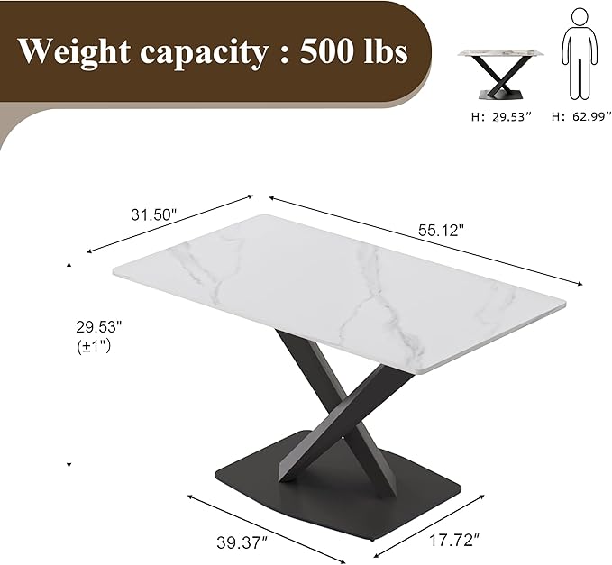 55" Modern Dining Table for 4-6 People, White Sintered Stone Table Top with X-Shape Carbon Steel Pedestal, Large Rectangular Table for Kitchen Living Room