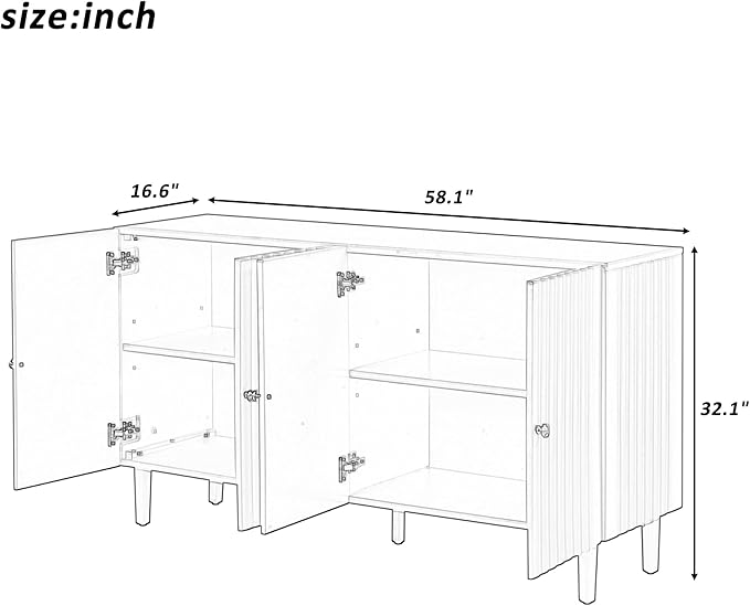 Modern Elegant Sideboard with 4 Wavy Pattern Doors and Cylindrical Legs, 58'' Storage Cabinets with Adjustable Shelves, Accent Entryway Cabinet for Living Room Hallway Kitchen (White-4UV)