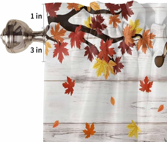 Fall Gnomes Kitchen Curtain Set, Thanksgiving Maple Leaf Grey Wood Grain Window