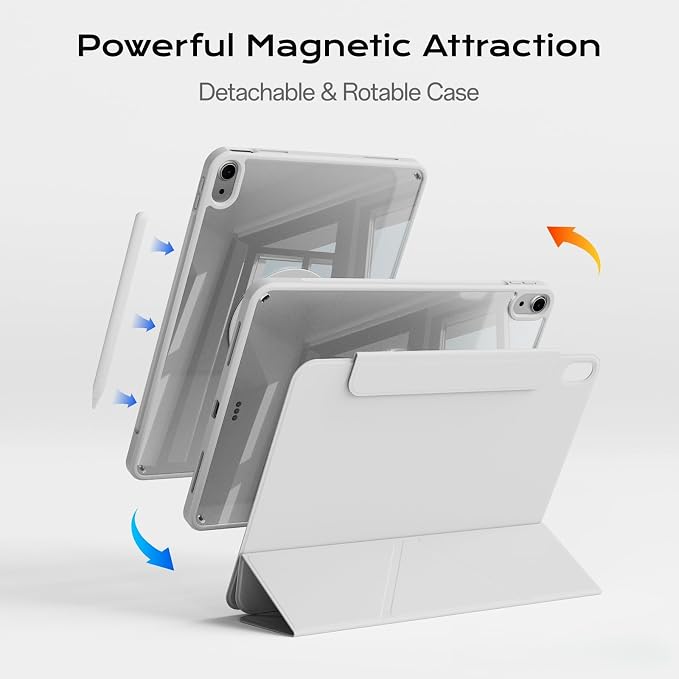 Clear Case for iPad A16 11th Generation 11 inch 2025 &amp iPad 10th Gen 10.9 inch 2022 with Pencil Holder Detachable Magnetic Rotating Transparent Hard PC Back Auto Wake/Sleep Trifold &amp Y Stan