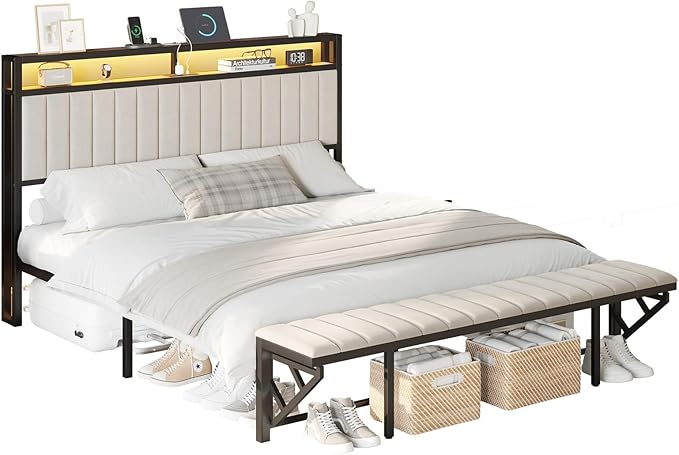 King Bed Frame with LED Light and Charging Station, Velvet Upholstered Headboard with Storage Shelf, Heavy Duty Metal Slats/No Box Spring Needed/Easy Assembly, Beige