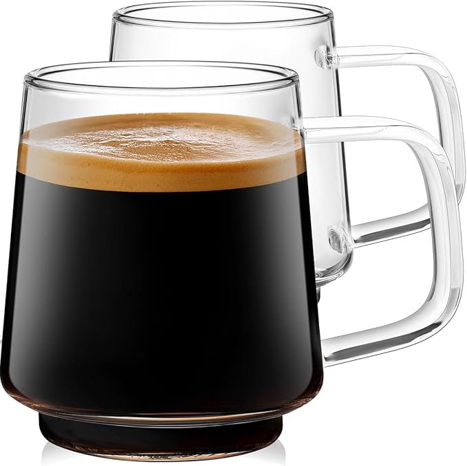 Aquach 16 Oz Glass Coffee Tea Cups, Clear Mugs with Handle, Microwave and Dishwasher safe Home Office Mug Perfect for Americano Latte Hot Beverages, 2-Pack