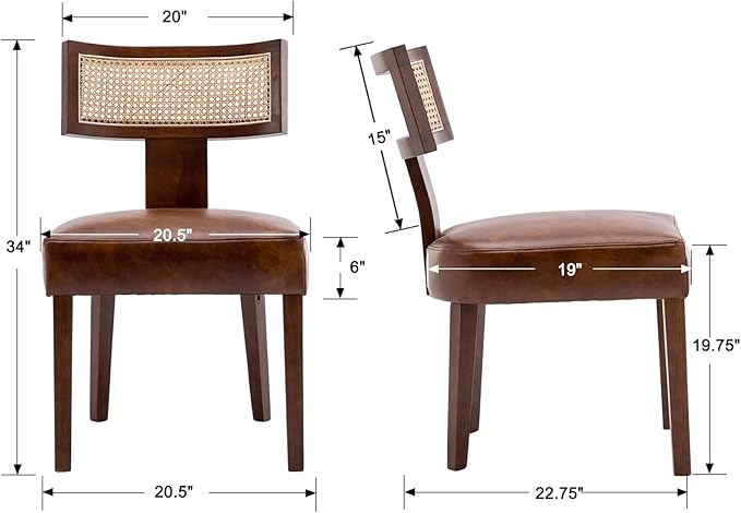 Mid Century Modern Dining Chairs Set of 4 Rattan Kitchen Chairs PU Leather Upholstered Side Chairs, Modern Kitchen Armless Solid Wood Dining Chairs, Brown