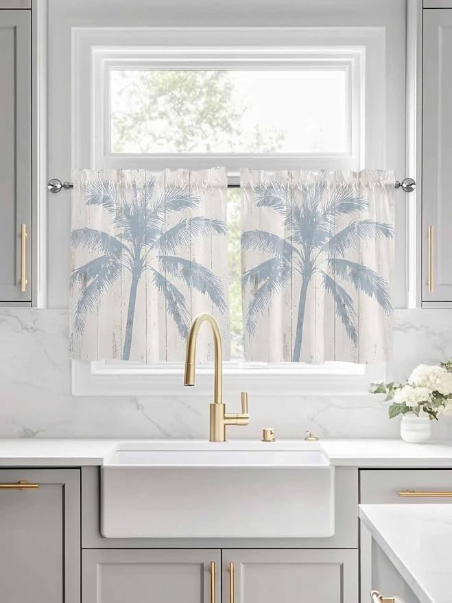 Summer Coconut Tree on Vintage Wood Grain Window Valance Curtains, Seaside