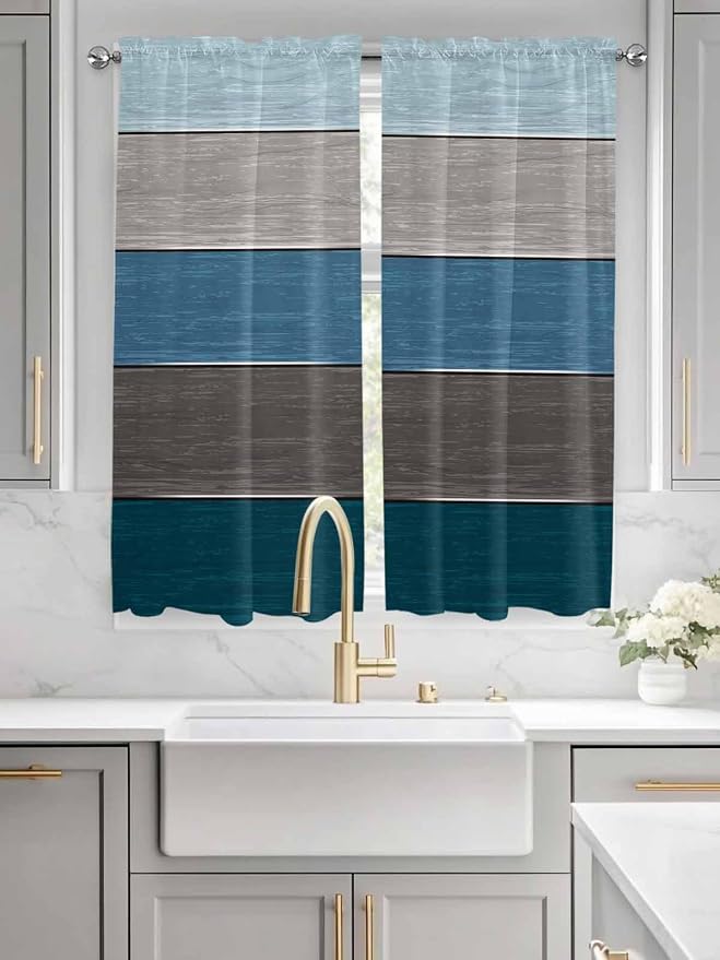 Retro Farm Blue Gray Wood Grain Window Valance Curtains, Rustic Wooden Plank