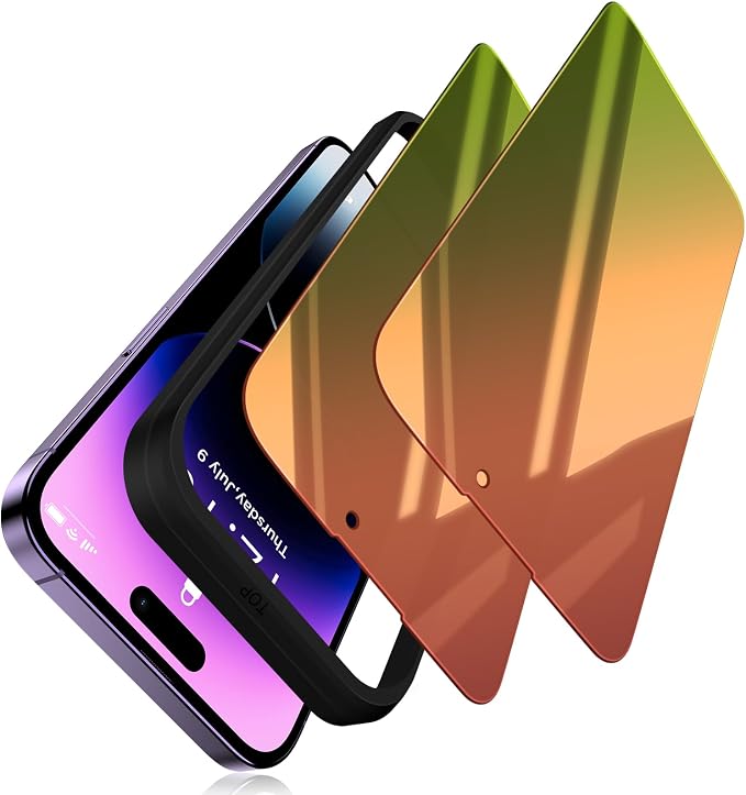 (2 Pack Compatible with iPhone 14 Pro Max Privacy Screen Protector Mirror 25 Degree Anti Spy Anti-Blue Light Red to Green Gradient with Easy Installation Kit No Air Bubbles