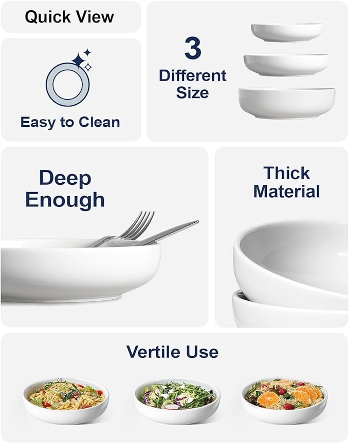 LE TAUCI Pasta Bowls 32 oz, Salad Bowls Set for Serving Soup, Pasta, Noodle, Dinner, Large Kitchen Bowl Plates, Microwave Safe - 7.8 Inch, Set of 4, White