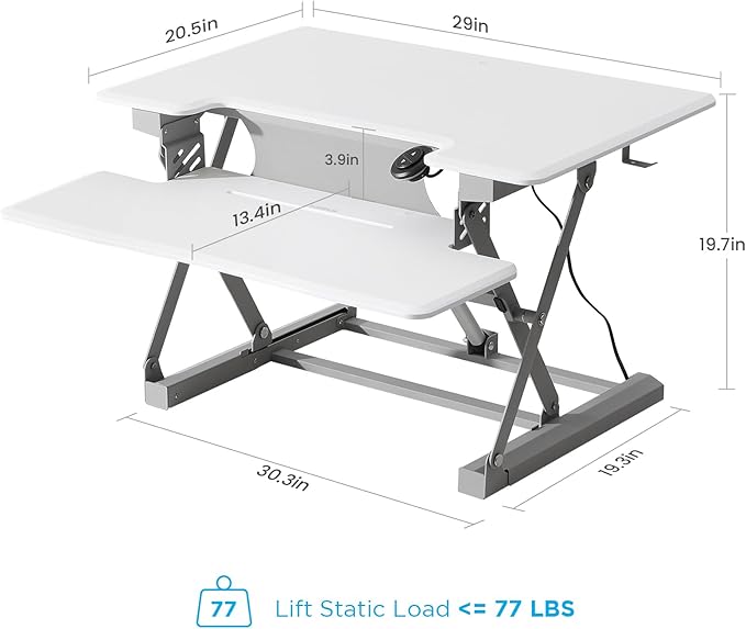 29" Electric Standing Desk Converter, Dyropcurv Series Height Adjustable Computer Desk Ergonomic Home Office Desk for Adults, Sit to Stand Desk with Quiet Motor, White