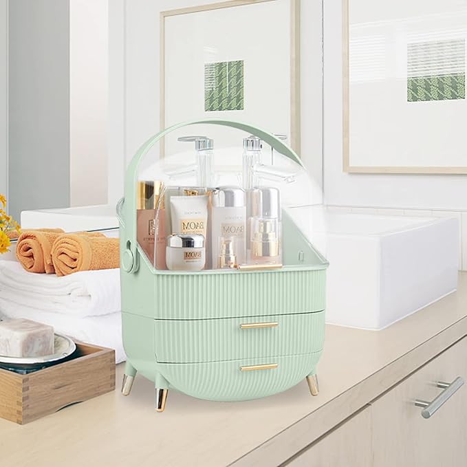Makeup Organizers, Make Up Organizers for Vanity, Countertop Cosmetic Storage with Drawers and Transparent Cover for Bedroom Bathroom (Light Green)