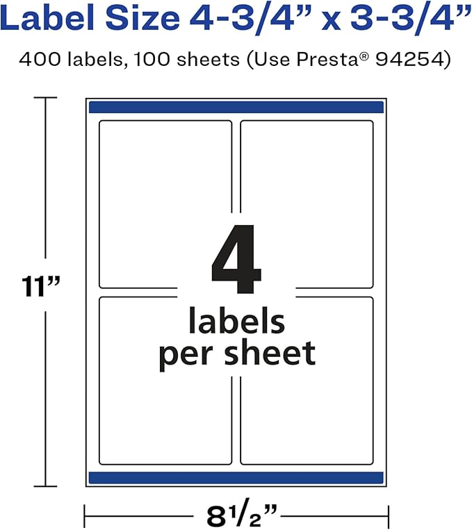 Avery Glossy White Rectangle Labels, Sure Feed Technology, 4.75" x 3.75", 400 Glossy White Labels, Print-to-The-Edge, Permanent Adhesive, Laser/Inkjet Printable
