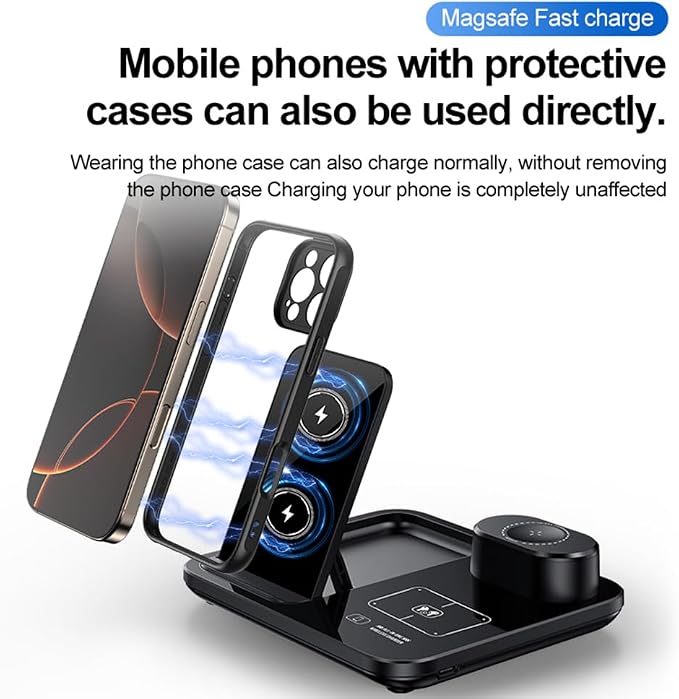 IHAO 3in1 Multifunctional Foldable Wireless Charging Station with LED Ambient Night Light Fast QC3.0 Charger for Phone iWatch Headphone Space-Saving Auto-Shutoff &amp Overcharge Protection-Black