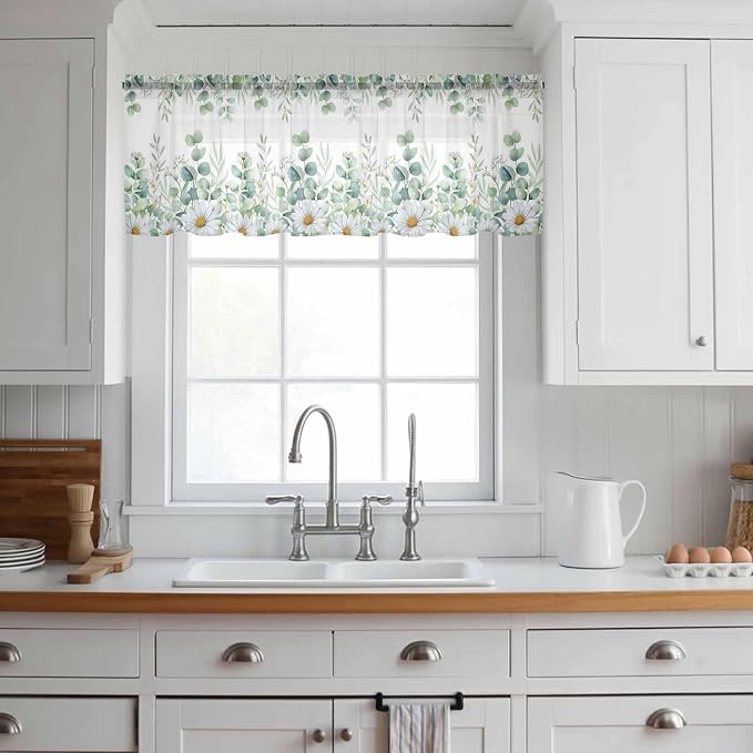 Eucalyptus Leaves Daisy Sheer Valance Curtains, Summer Farmhouses Flower Light