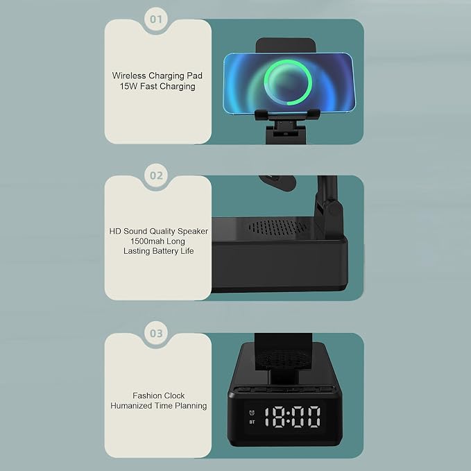Diyeeni Alarm Clock Speaker Wireless Charger with 15W Fast Charging and Bluetooth Speaker for Phone