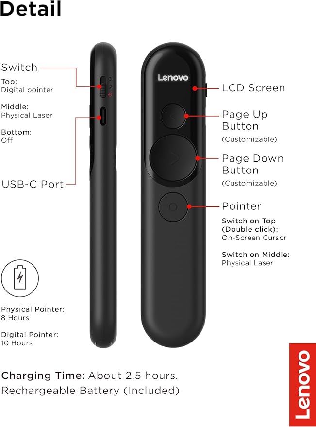 Lenovo Laser Rechargeable Presentation Remote, Bluetooth & USB, Digital & Laser Pointer, LCD Screen, Rechargeable Battery, 30M Range, Black, 500mm Cable Length