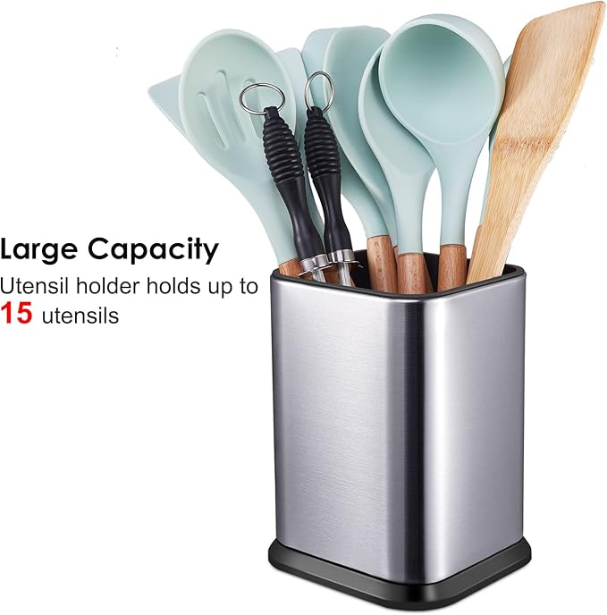 RedCall Stainless Steel Kitchen Utensil Holder for Countertop, Spoon Spatula Organizer,Modern Rectangular Large Cooking Utensil Caddy Counter,Utensil Crock Silver