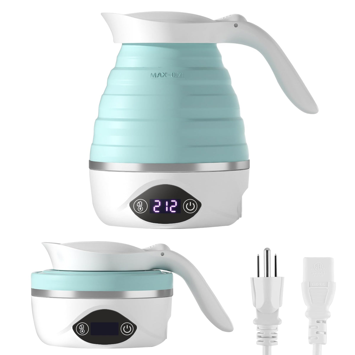 AUCOO Collapsible Travel Kettle, 700ML Small Electric Kettles for Boiling Water, 850W Portable Fast Heat with Digital Temperature, 110-220V Dual Voltage, BPA-Free Silicone Foldable Travel Tea Kettle